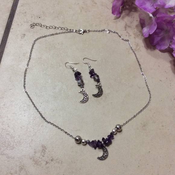 🌸 AMETHYST NECKLACE & EARRINGS MOON BOHO BUNDLE BOHEMIAN SET CHARM PENDANT BEAD - Picture 6 of 7